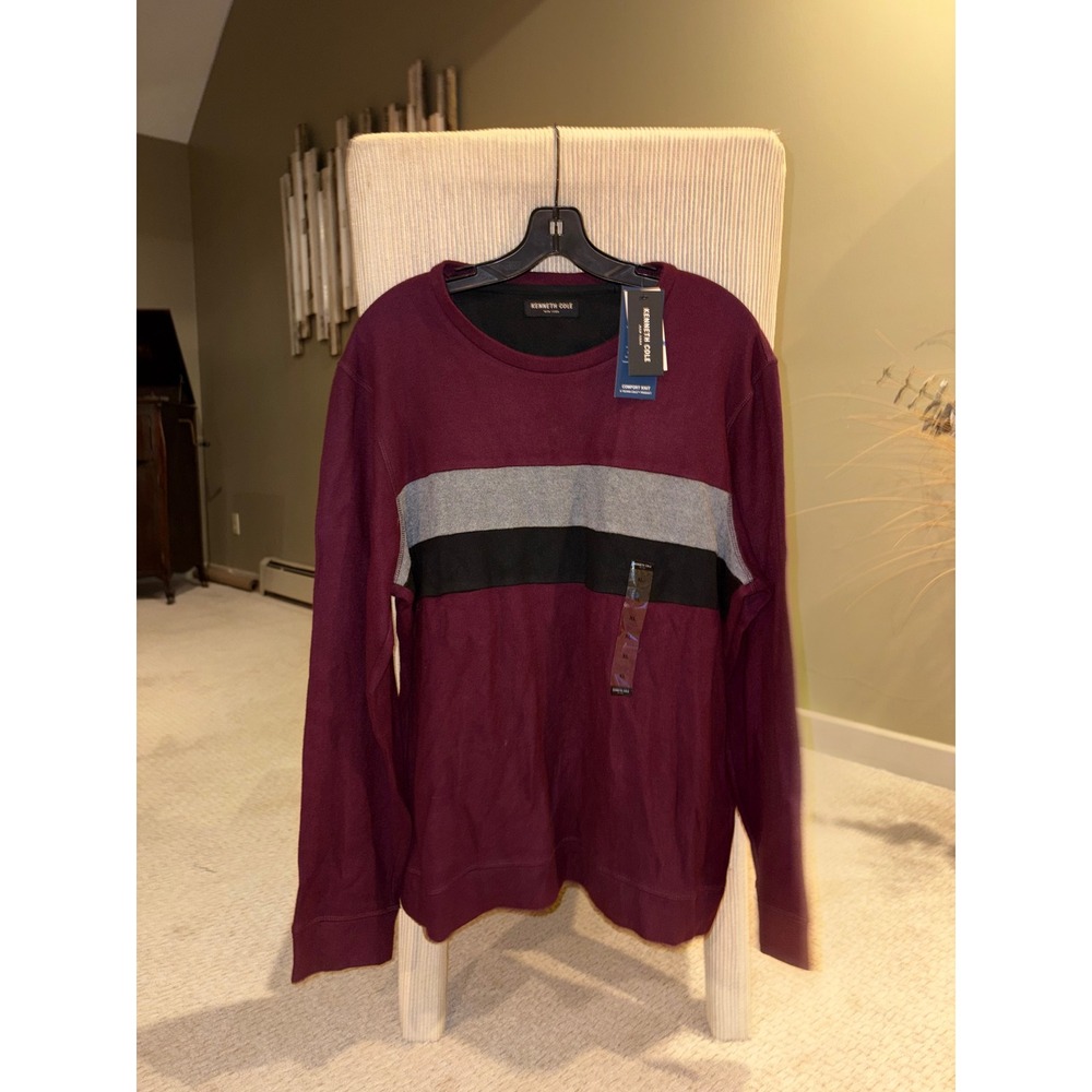 Kenneth Cole New York Mens Comfort Knit Striped Crewneck Sweater Wine XL MMF8BSL